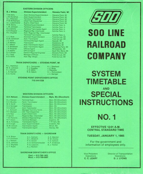 SooLine Railroad Company System Timetable & Special Instructions No. 1 ...