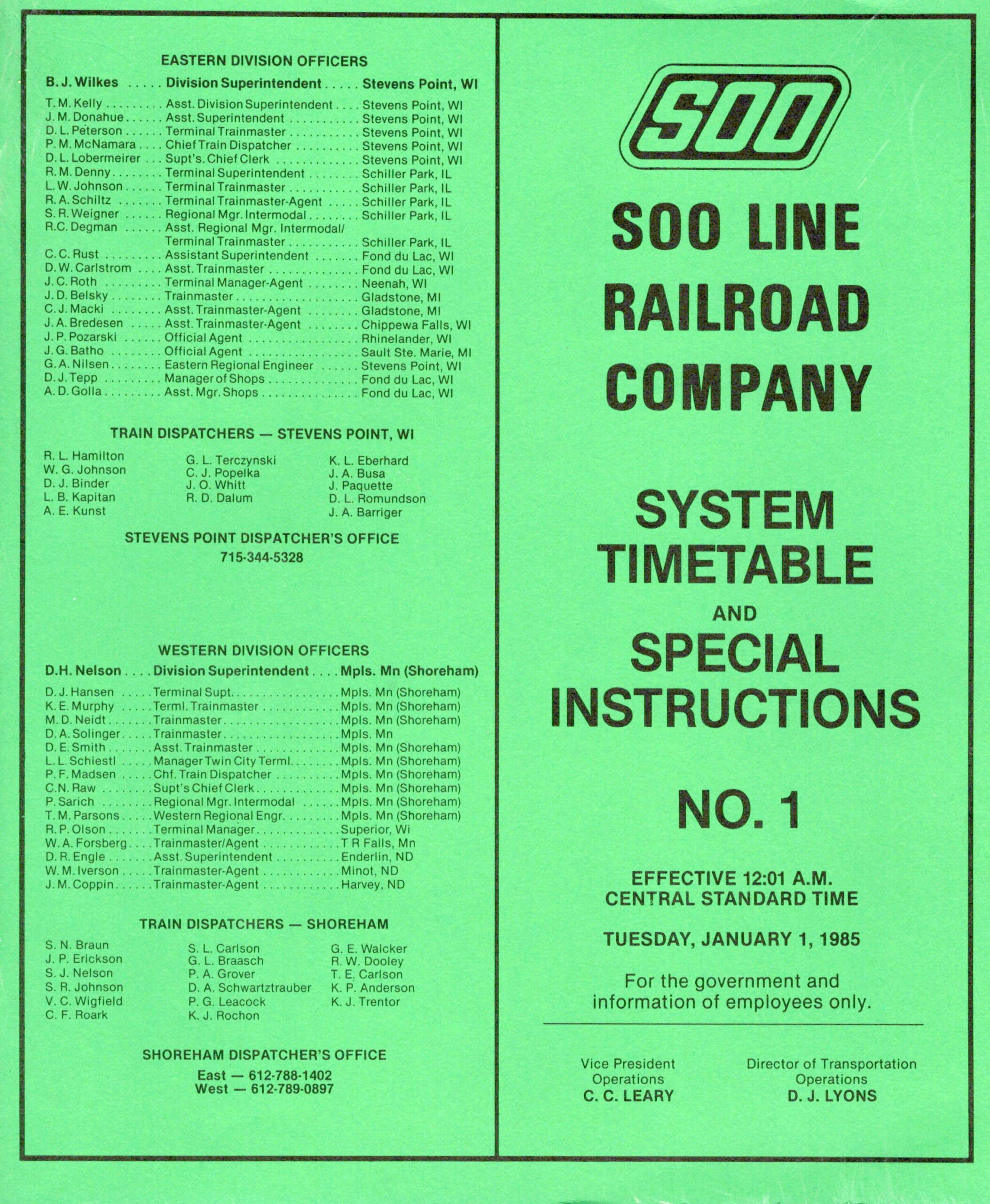 SooLine Railroad Company System Timetable & Special Instructions No. 1