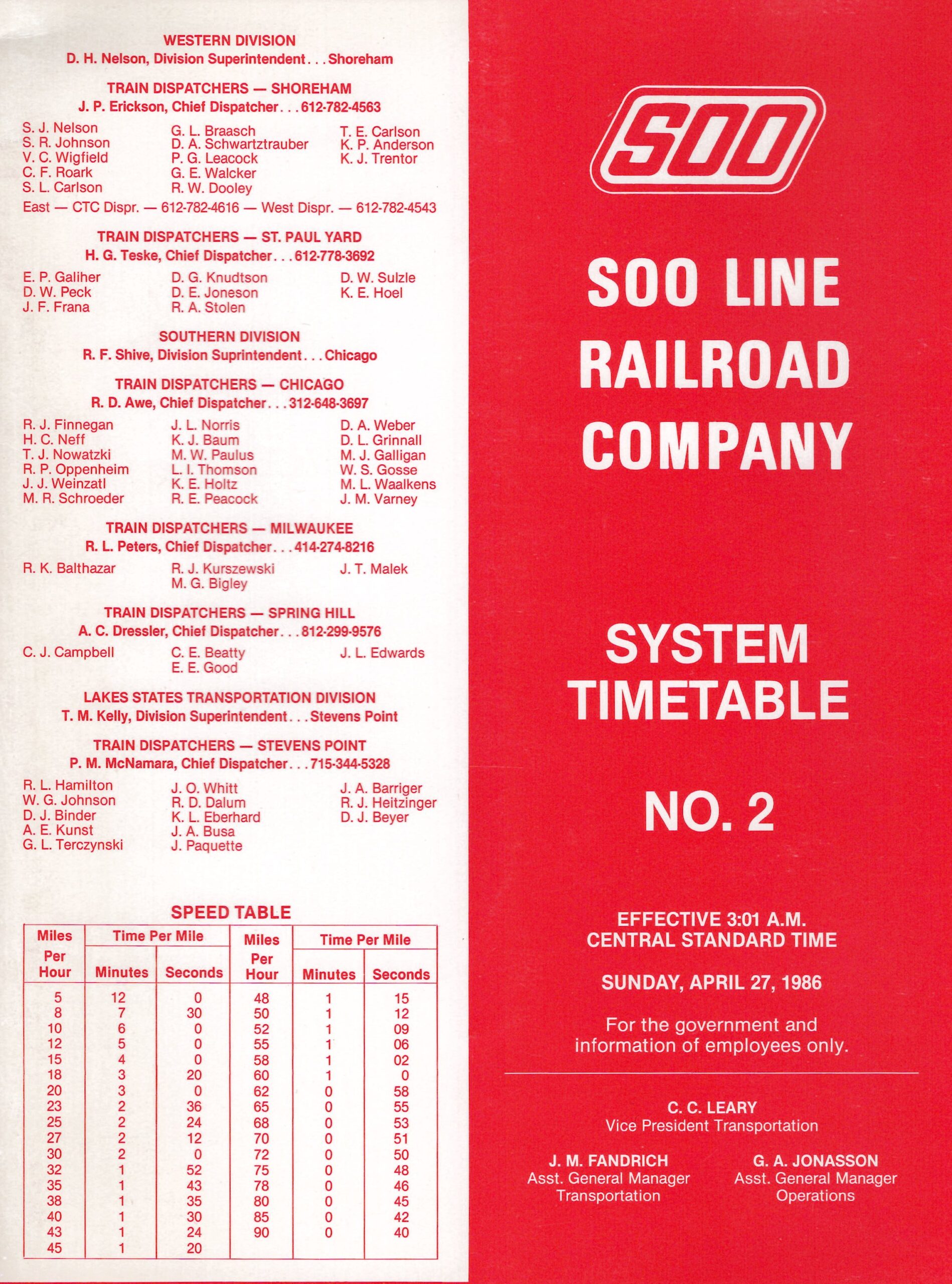 Soo Line Railroad Company System Timetable Timetable No. 2